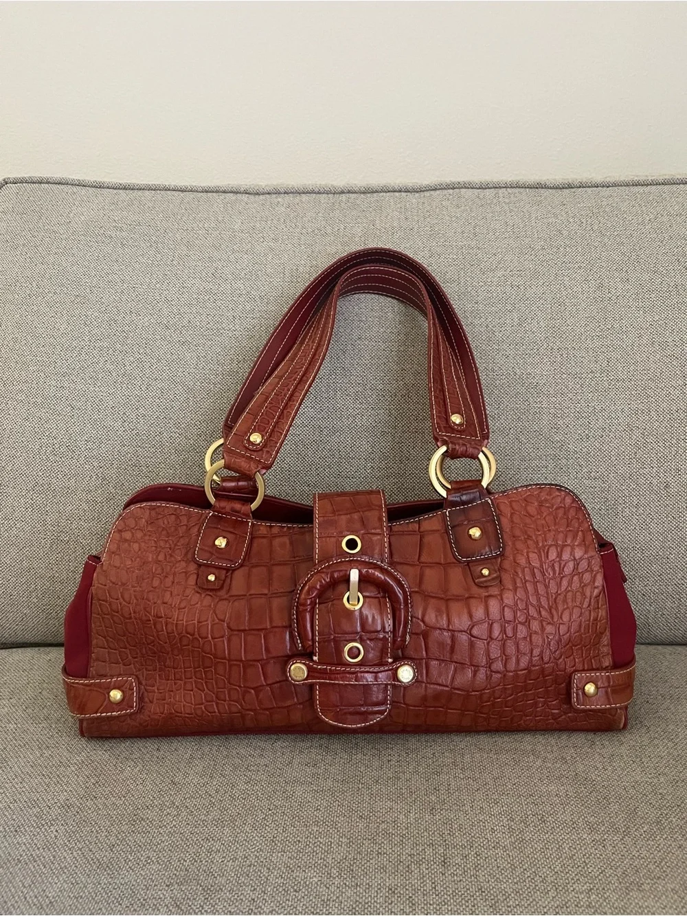 Brown Burgundy Y2K Croc-Embossed Shoulder Bag with Large Buckle - Women Bags